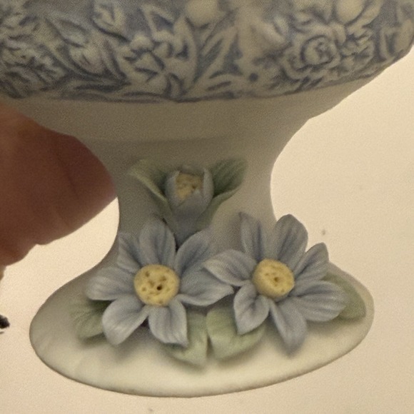 Vtg Hermitage Pottery - Blue Daisies Pedestal Candy Dish-Scalloped Ed- Porcelain - Picture 7 of 11